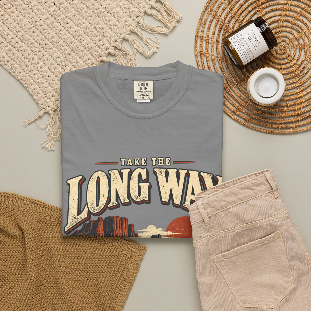 Retro Car Oversized T-Shirt, Take the Long Way, Unisex Desert Road Trip Tee