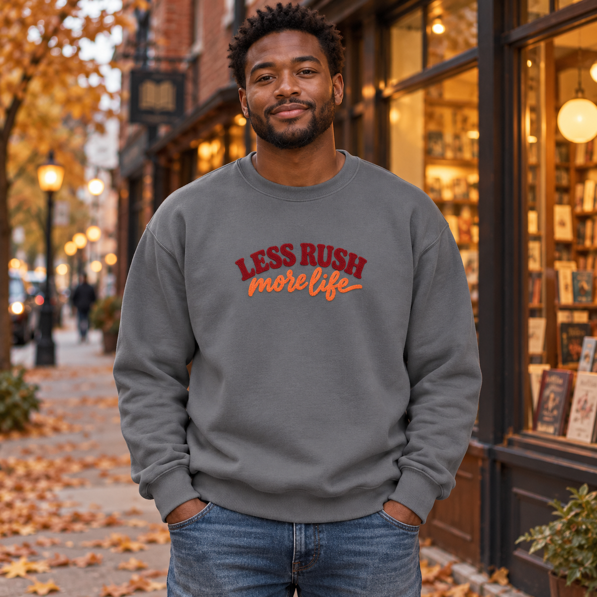Less Rush More Life Embroidered Sweatshirt, Unisex Heavy Blend Crewneck, Retro Lettering