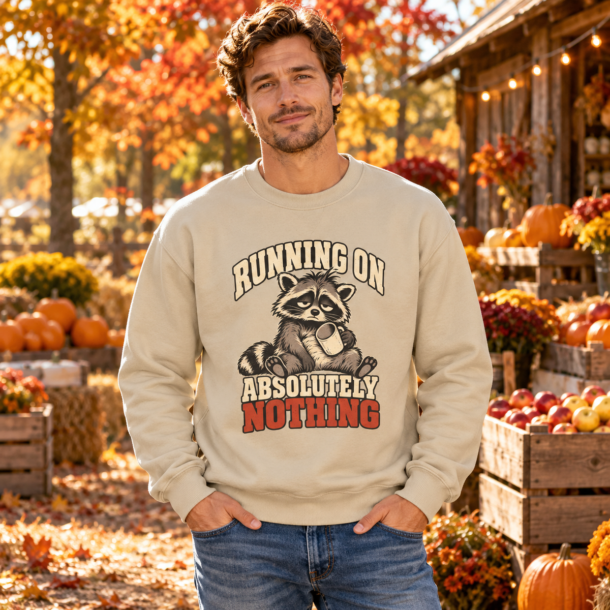 Funny Raccoon Sweatshirt, Running on Absolutely Nothing, Unisex Heavy Blend Crewneck