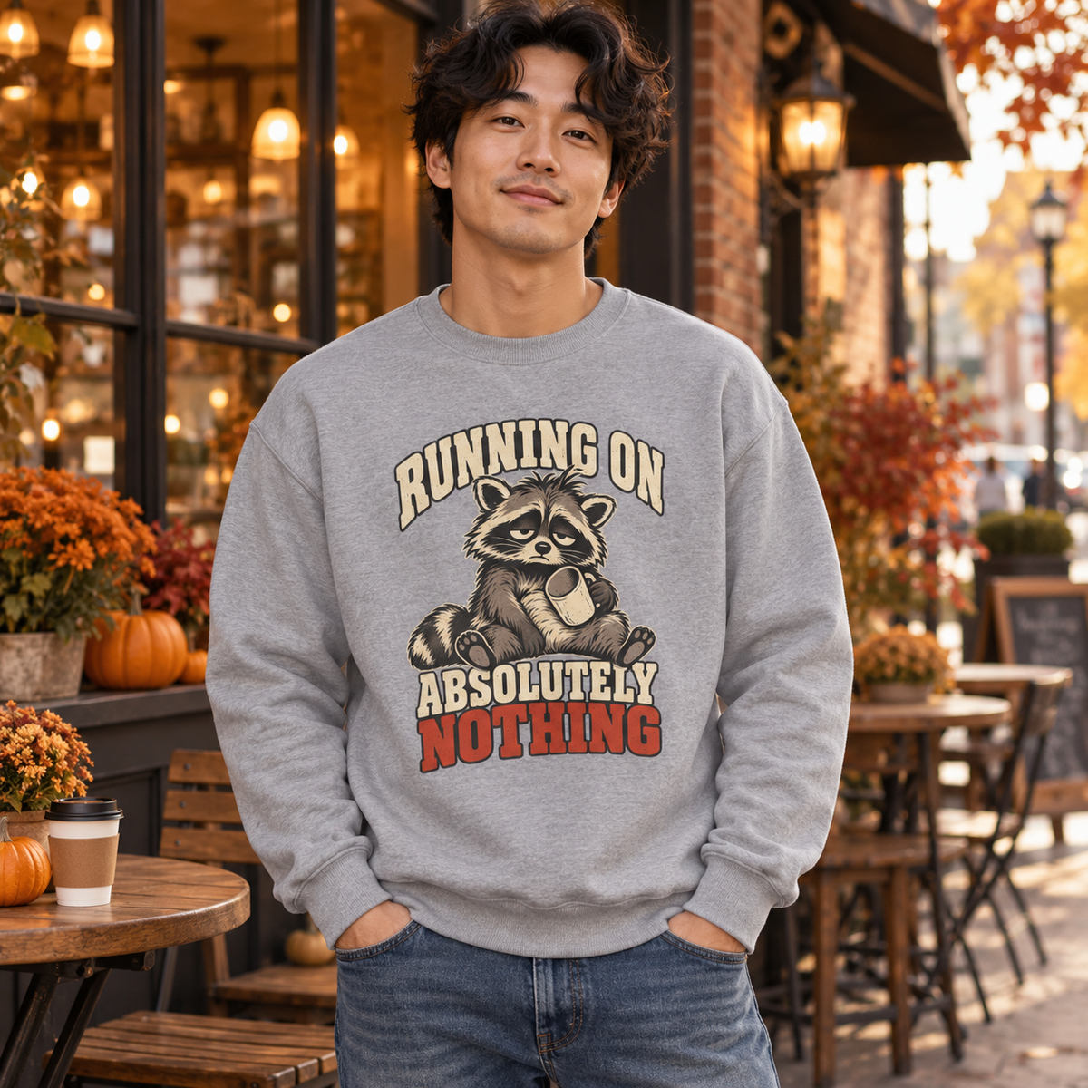 Funny Raccoon Sweatshirt, Running on Absolutely Nothing, Unisex Heavy Blend Crewneck
