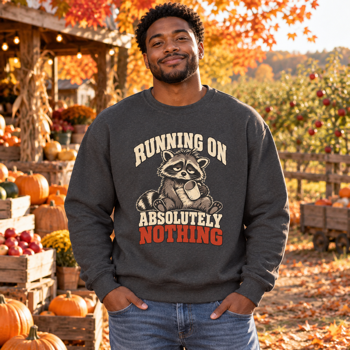 Funny Raccoon Sweatshirt, Running on Absolutely Nothing, Unisex Heavy Blend Crewneck