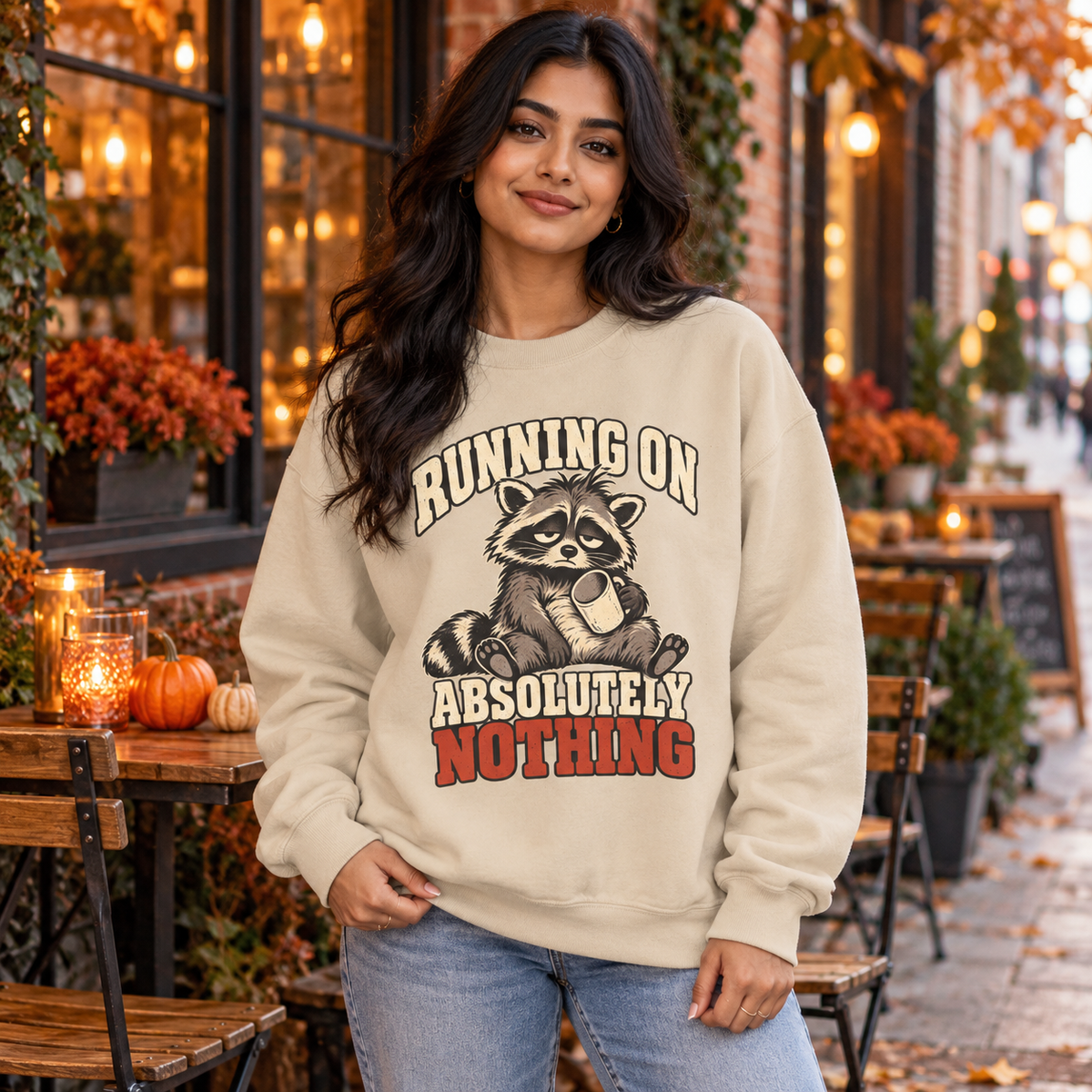 Funny Raccoon Sweatshirt, Running on Absolutely Nothing, Unisex Heavy Blend Crewneck