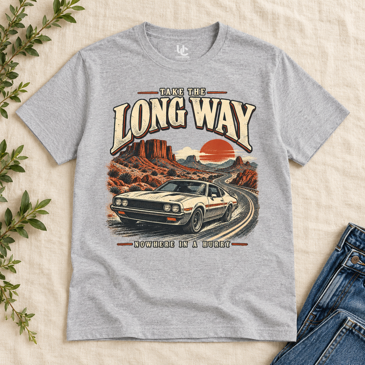 Retro Car Oversized T-Shirt, Take the Long Way, Unisex Desert Road Trip Tee