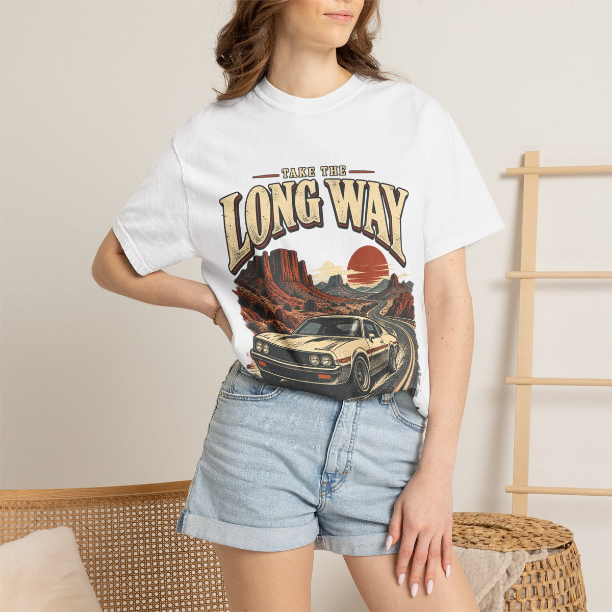 Retro Car Oversized T-Shirt, Take the Long Way, Unisex Desert Road Trip Tee