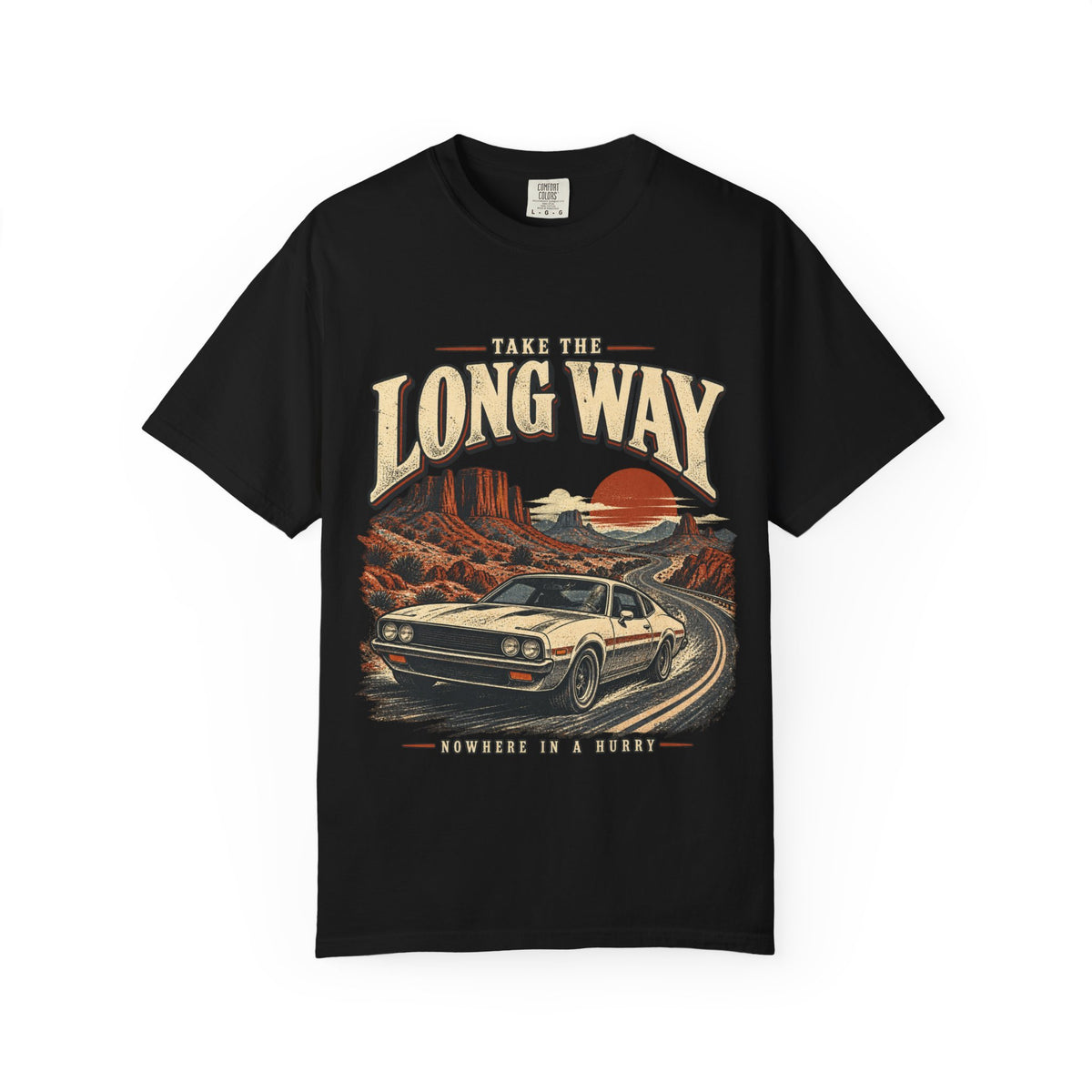 Retro Car Oversized T-Shirt, Take the Long Way, Unisex Desert Road Trip Tee