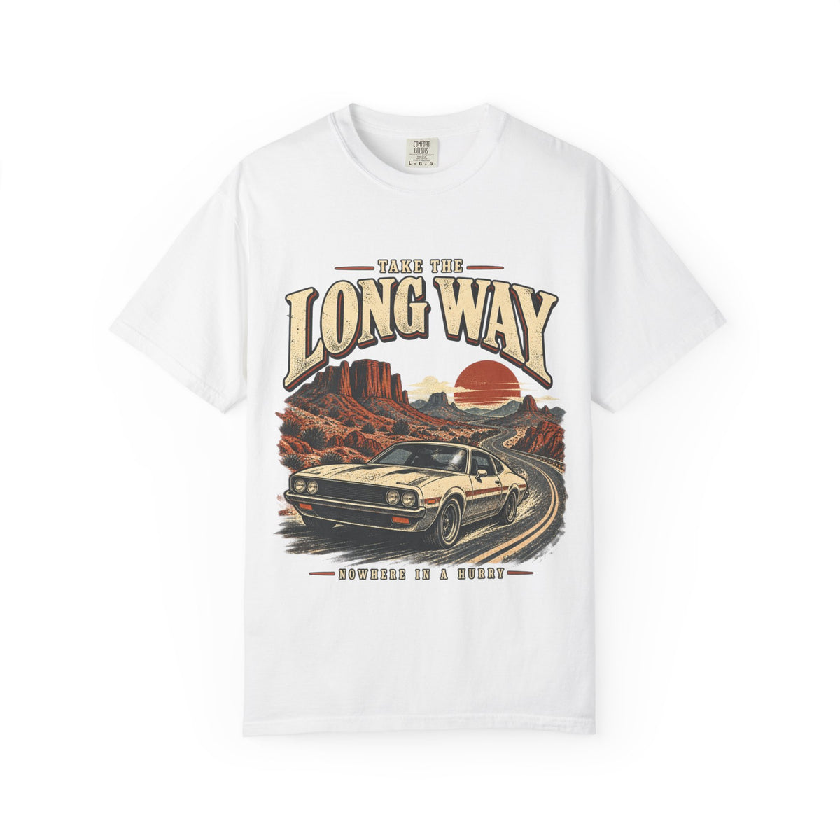 Retro Car Oversized T-Shirt, Take the Long Way, Unisex Desert Road Trip Tee