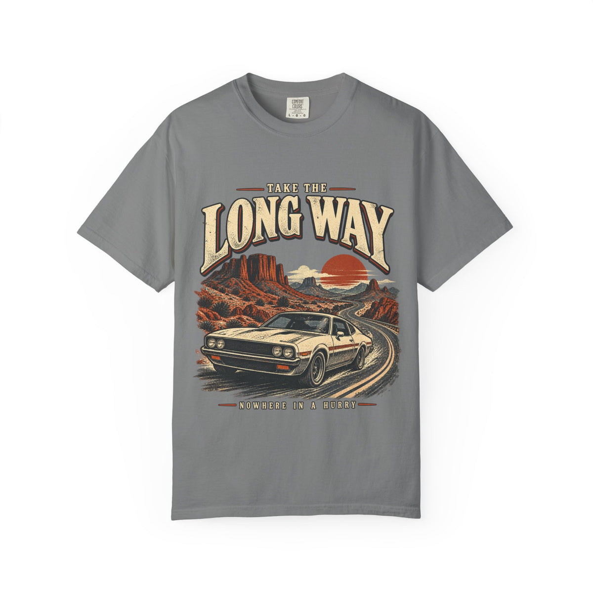 Retro Car Oversized T-Shirt, Take the Long Way, Unisex Desert Road Trip Tee