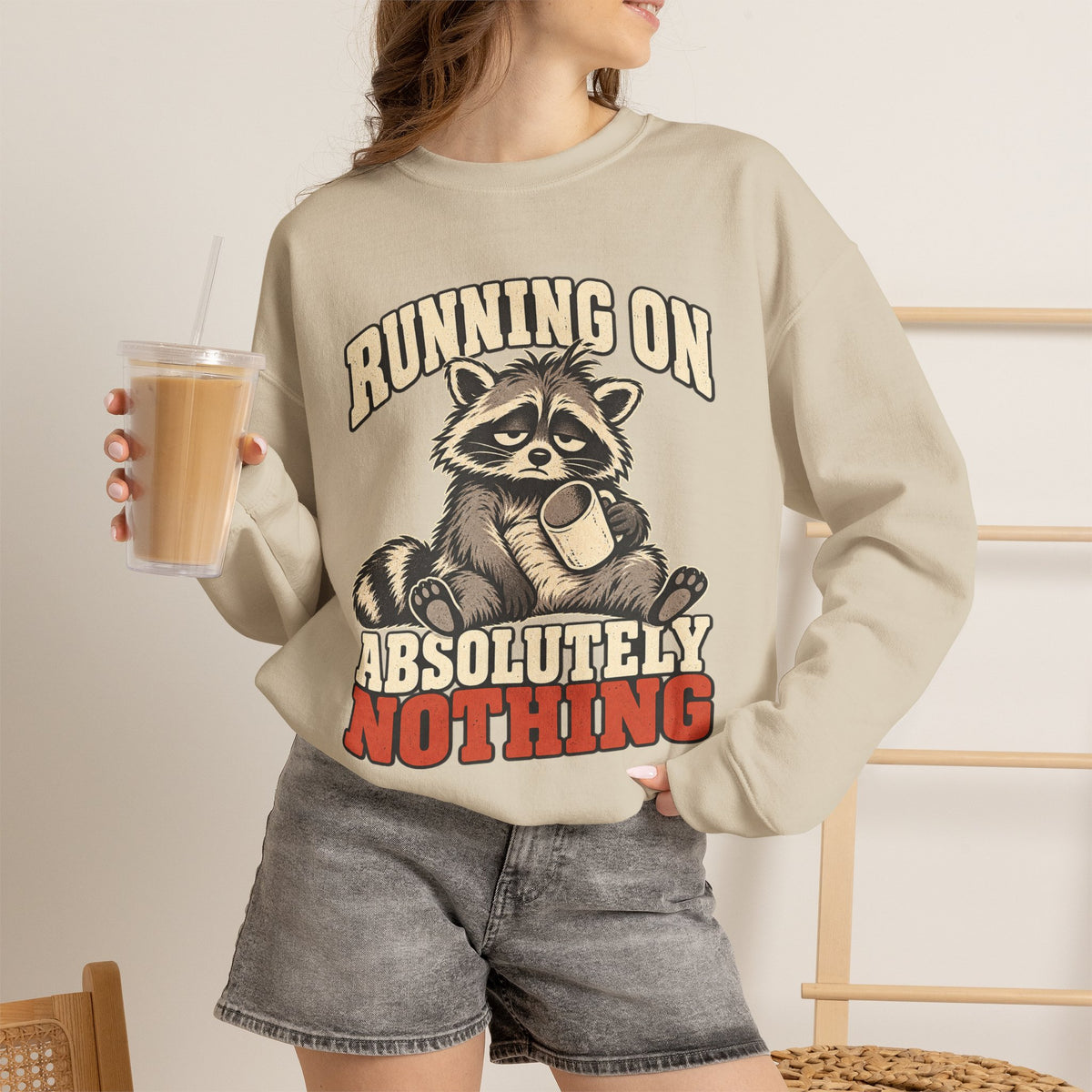 Funny Raccoon Sweatshirt, Running on Absolutely Nothing, Unisex Heavy Blend Crewneck