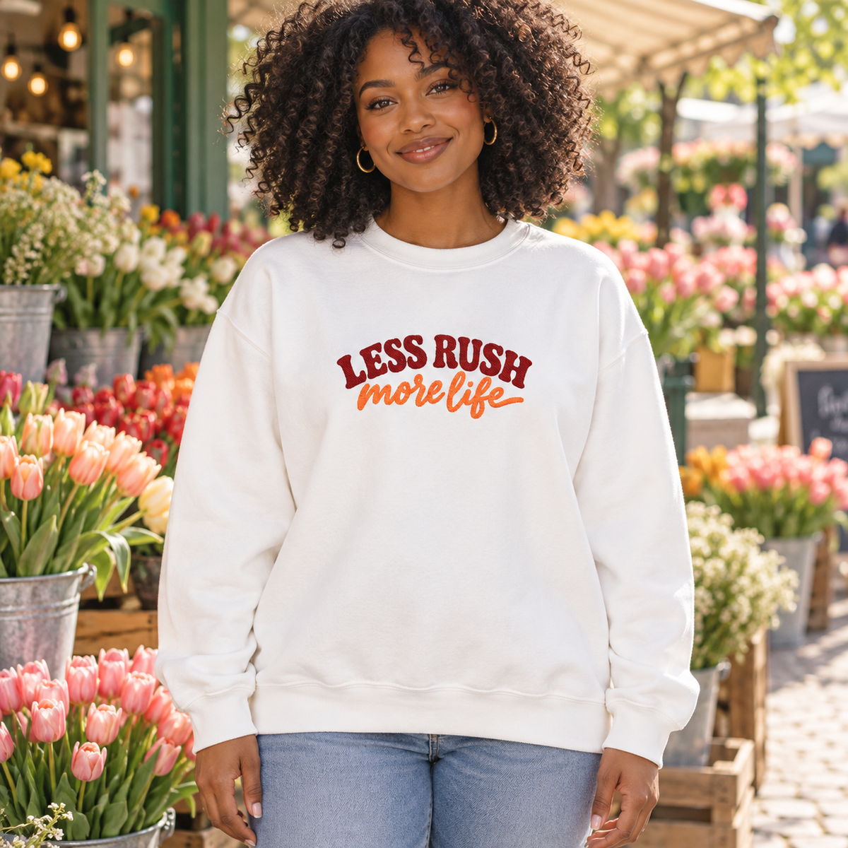 Less Rush More Life Embroidered Sweatshirt, Unisex Heavy Blend Crewneck, Retro Lettering