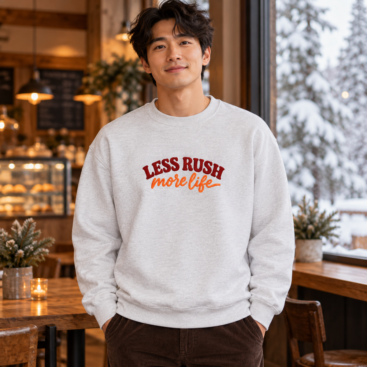 Less Rush More Life Embroidered Sweatshirt, Unisex Heavy Blend Crewneck, Retro Lettering