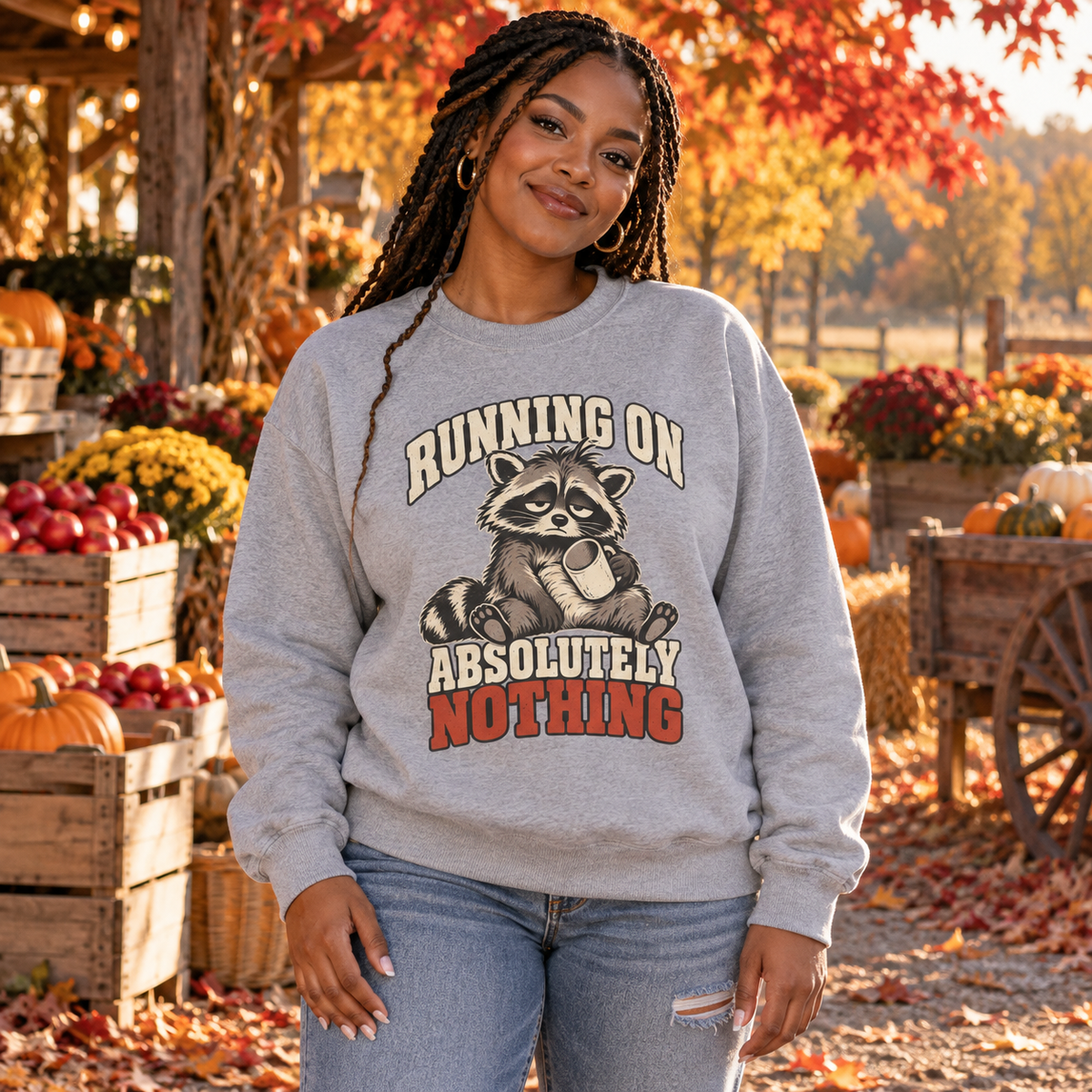 Funny Raccoon Sweatshirt, Running on Absolutely Nothing, Unisex Heavy Blend Crewneck