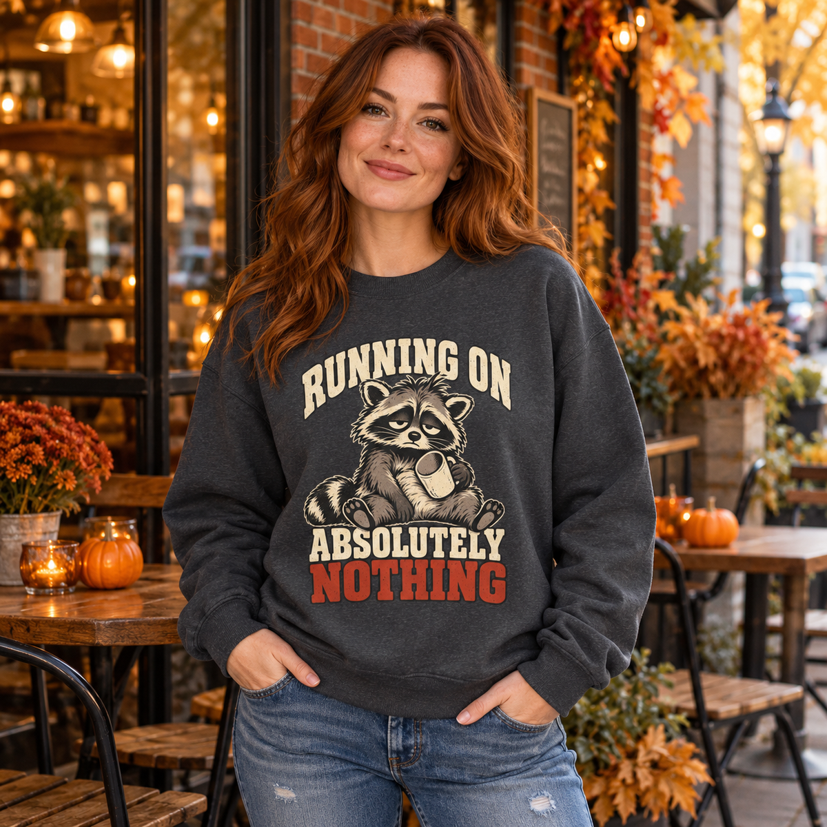 Funny Raccoon Sweatshirt, Running on Absolutely Nothing, Unisex Heavy Blend Crewneck