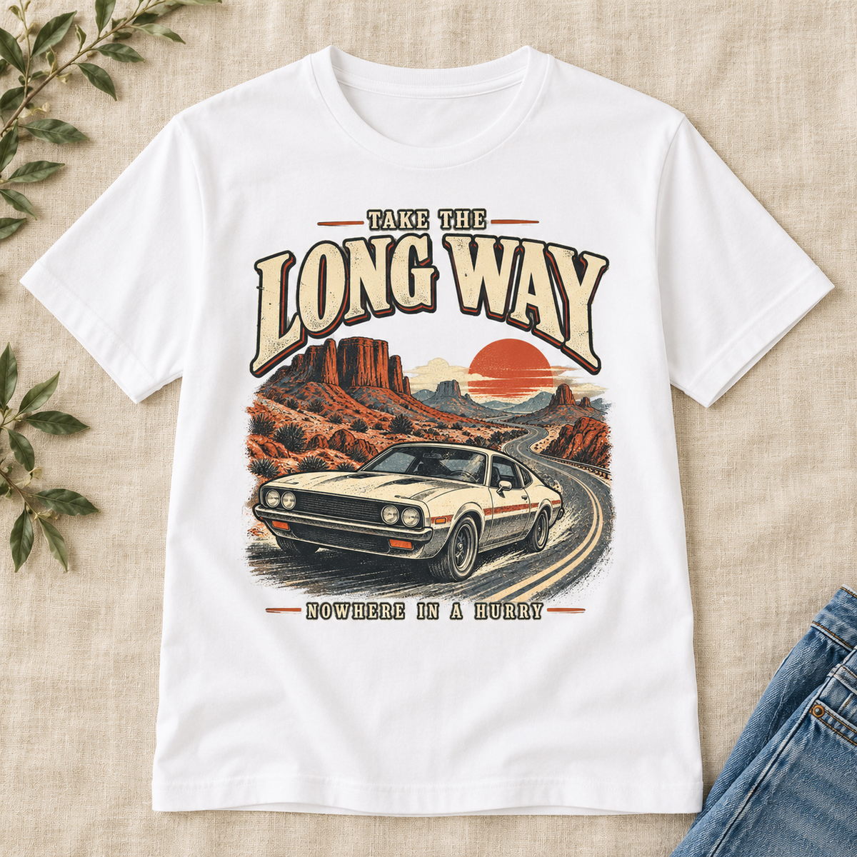 Retro Car Oversized T-Shirt, Take the Long Way, Unisex Desert Road Trip Tee
