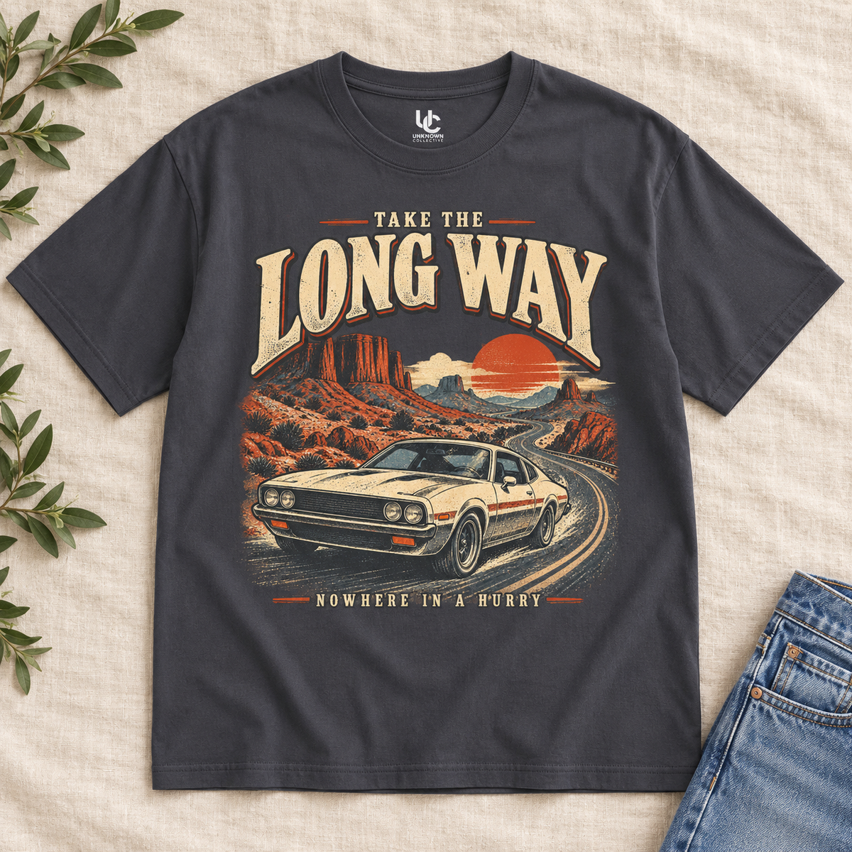 Retro Car Oversized T-Shirt, Take the Long Way, Unisex Desert Road Trip Tee