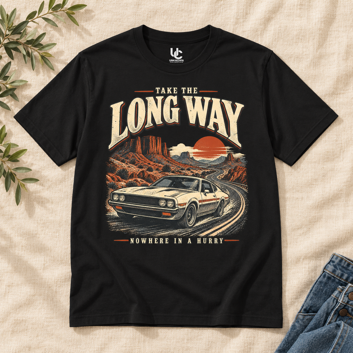 Retro Car Oversized T-Shirt, Take the Long Way, Unisex Desert Road Trip Tee