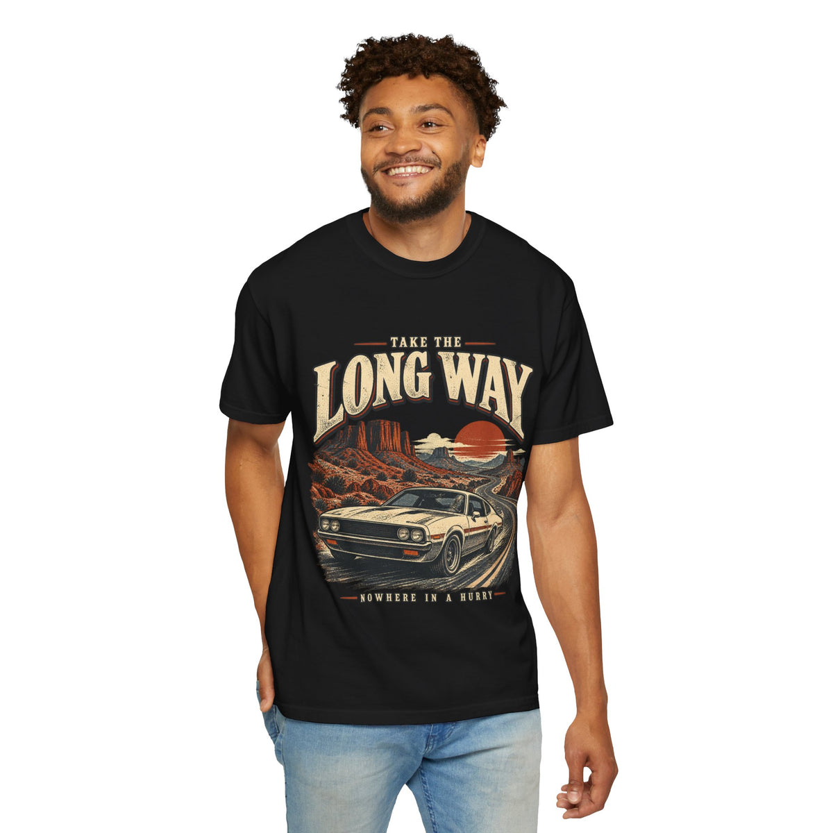 Retro Car Oversized T-Shirt, Take the Long Way, Unisex Desert Road Trip Tee