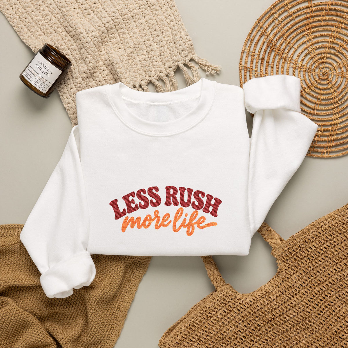 Less Rush More Life Embroidered Sweatshirt, Unisex Heavy Blend Crewneck, Retro Lettering